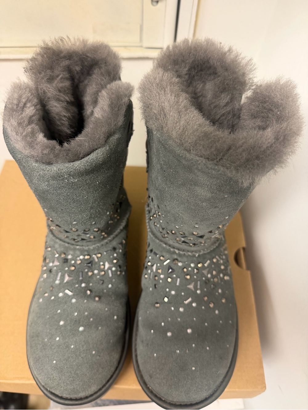 UGG Gray Suede Shearling Studded Mid-Calf Boots